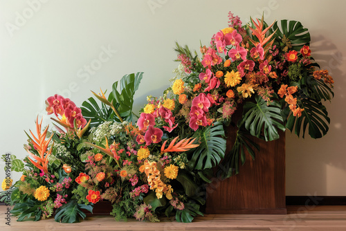 bouquet of flowers on the table  Arrange the tropical flowers in a cascading manner  with the blooms spilling over the sides of the podium in a natural and flowing pattern