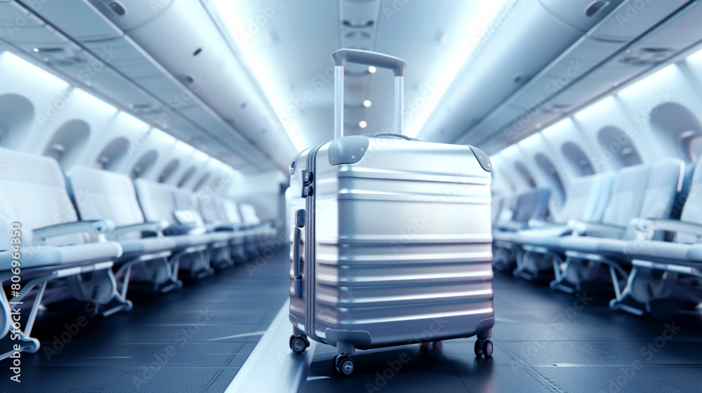 Obraz premium Modern metallic luggage standing on the aisle of an airy airplane cabin with empty seats.