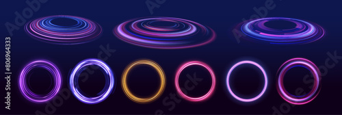 Set of glowing neon lighting isolated on background with copy space. Energy flow tunnel. Blue portal, platform. 