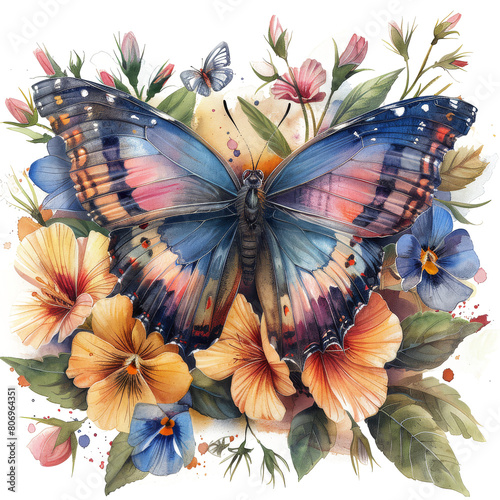 Cute beautiful butterfly, pastel colors, flowers, watercolor illustration