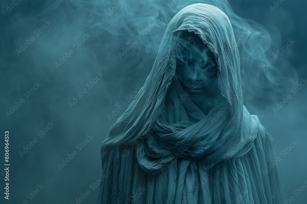 Silhouette of a spooky monster emerges from the dark mist, evoking fear and mystery Silhouette of a spooky monster emerges from the dark mist, evoking fear and mystery