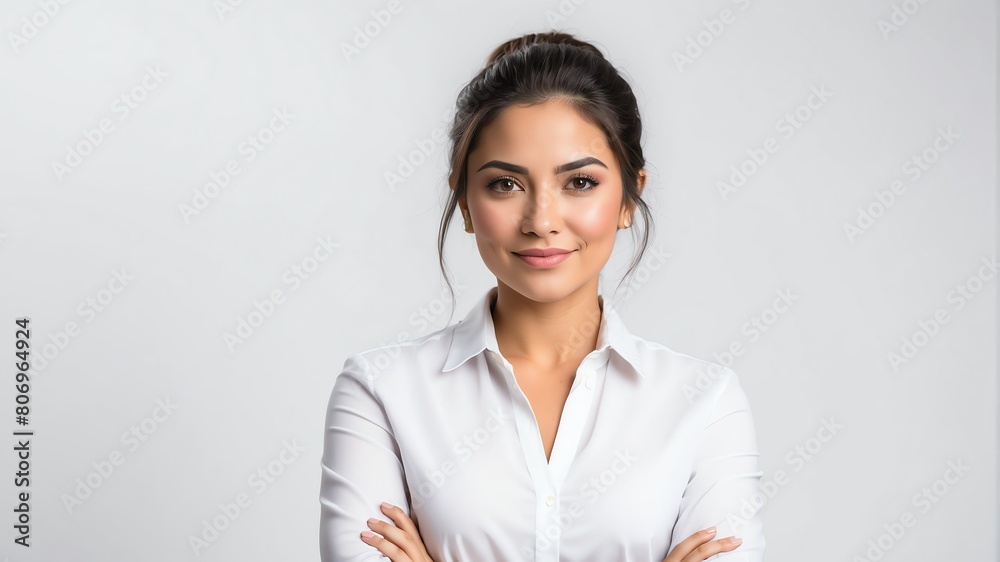 young hispanic businesswoman studio portrait on plain white background from Generative AI young hispanic businesswoman studio portrait on plain white background from Generative AI