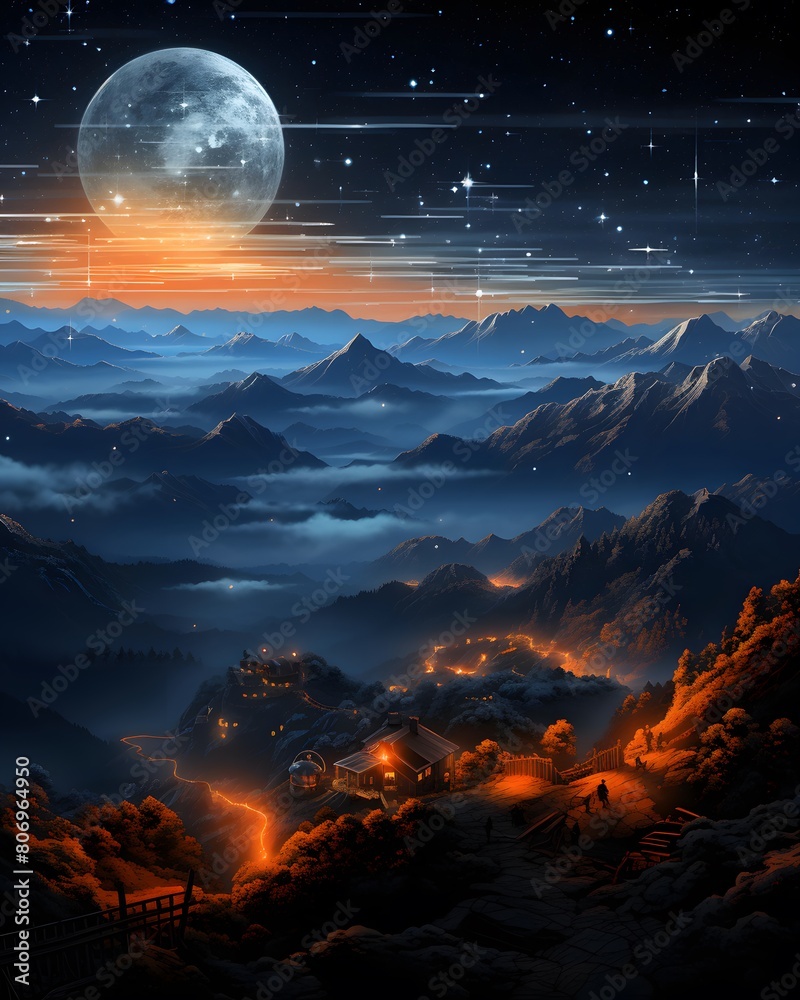 Fantasy landscape with mountains and clouds at night. 3D illustration