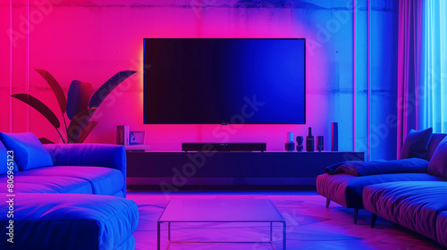Stylish modern living room with blue and red neon lighting featuring a large TV  two sofas  and a coffee table.