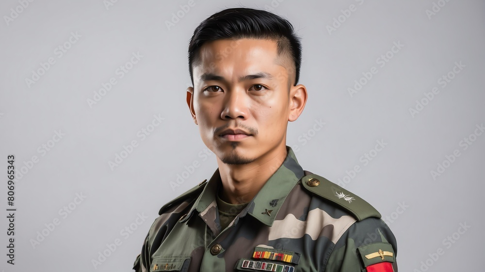 young indonesian military man studio portrait on plain white background from Generative AI