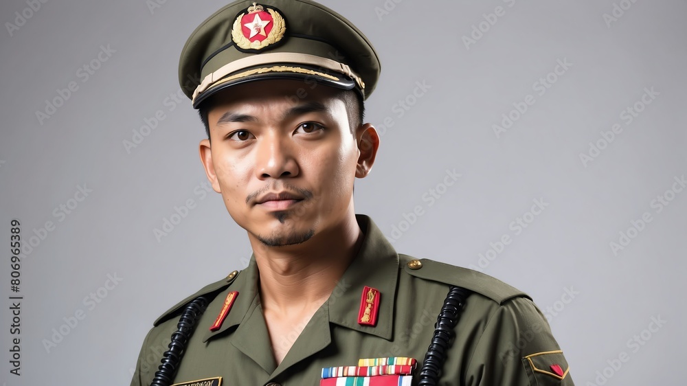 young indonesian military man studio portrait on plain white background from Generative AI young indonesian military man studio portrait on plain white background from Generative AI