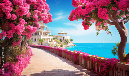 Beautiful resort with blooming colorful oleanders along the pedestrian promenade by the Mediterranean Sea and blue sky. © trompinex