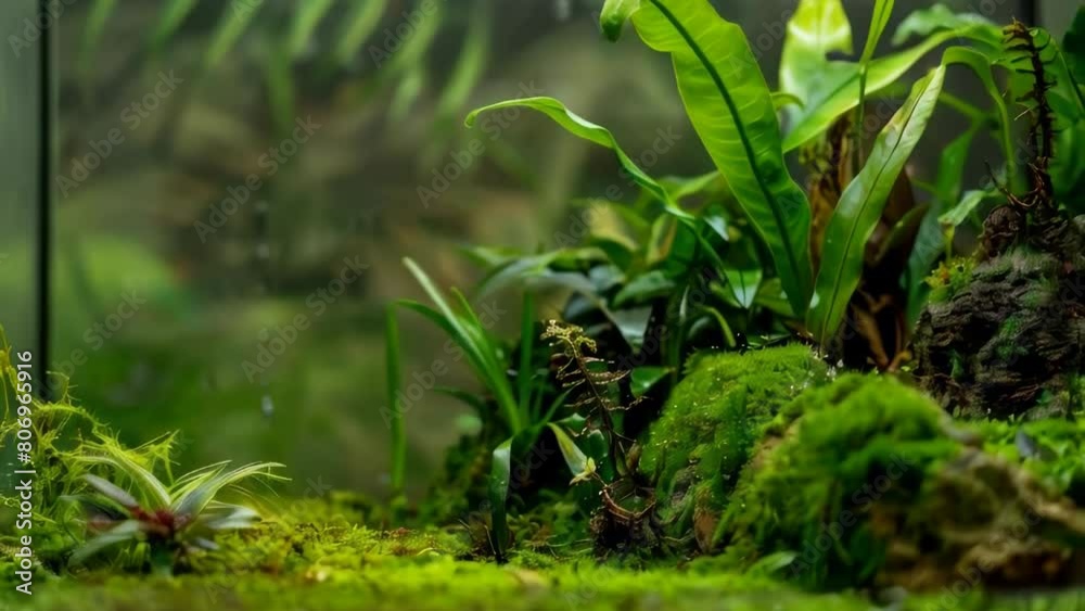 A lush green plant with moss growing on it. The plant is surrounded by rocks and has a small pond in the background A lush green plant with moss growing on it. The plant is surrounded by rocks and has a small pond in the background