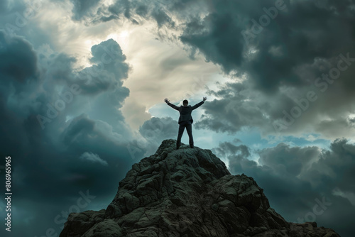 Professional businessman celebrates his triumph standing with arms raised on a rugged mountain peak, symbolizing success and achievement, set against a backdrop of a moody, cloud-filled sky at dusk