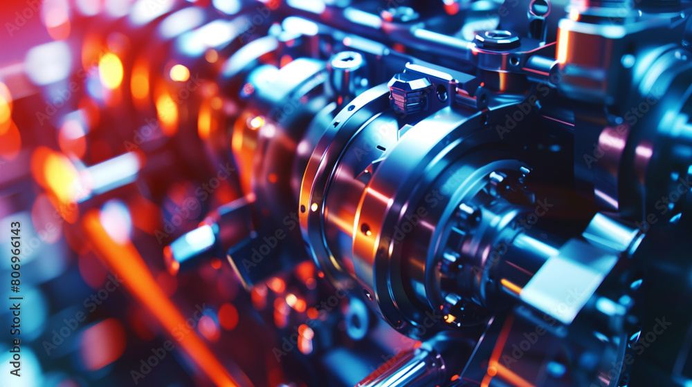 A close-up view of an intricate mechanical assembly with shining metallic parts and glowing lights. A close-up view of an intricate mechanical assembly with shining metallic parts and glowing lights.