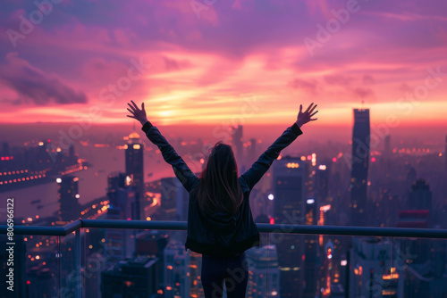 Woman stands with arms raised in victory against a stunning sunset cityscape, symbolizing achievement, freedom, and the joy of reaching new heights in personal success and ambition