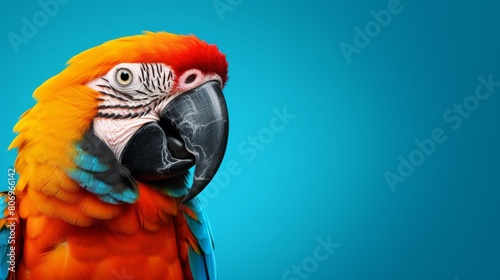 A vibrant parrot with colorful feathers stands out against a brilliant blue background