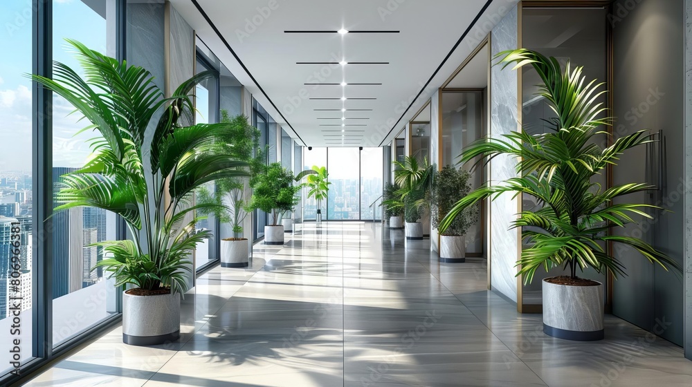 modern office building hallway with lush plants and city views digital illustration modern office building hallway with lush plants and city views digital illustration