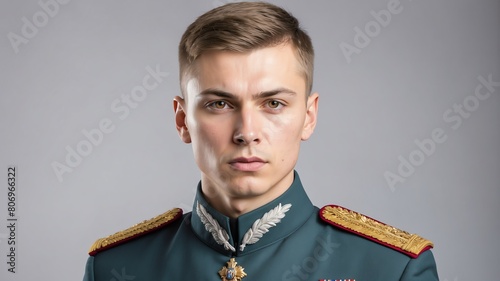 young russian military man studio portrait on plain white background from Generative AI