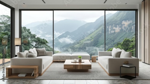 modern living room interior with wooden furniture and mountain view 3d rendering