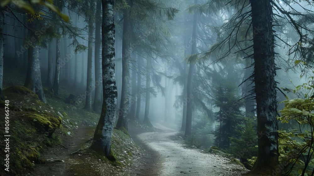 Obraz premium mystical foggy forest landscape with tall trees and winding path moody nature scenery