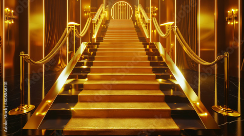 A luxurious gold-colored staircase flanked by elegant rope barriers and golden wall panels.
