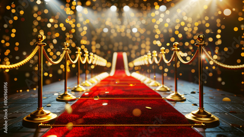 An elegant red carpet event entrance with golden stanchions and ropes under a bokeh light background. photo