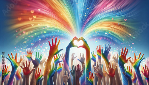 Viele Hände in Regenbogenfarben recken sich zum Himmel. Eine Hand formt ein Herz-Symbol, copy space,  Pride, LGBT Community