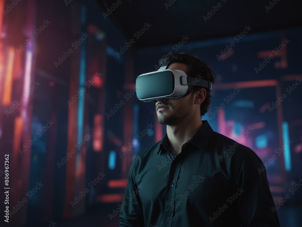Virtual Reality 3D Augmented Experience Excited Person Wearing VR Glasses 3D Object in Virtual World. man with VR headset Virtual Reality 3D Augmented Experience Excited Person Wearing VR Glasses 3D Object in Virtual World. man with VR headset
