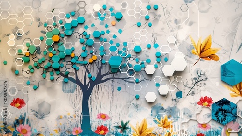 Vibrant turquoise tree and colorful hexagons create a striking effect against white lattice and floral oak.