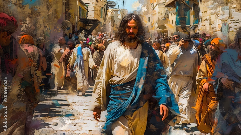 Fototapeta premium realistic depiction of jesus christ walking through the crowded streets of ancient jerusalem oil painting style