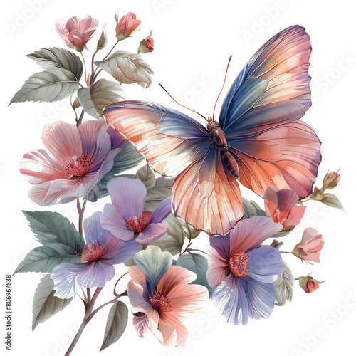 Cute beautiful butterfly, pastel colors, flowers, watercolor illustration