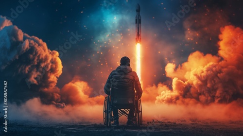 a man in a wheelchair looks at a rocket taking off into space,concept for technology or science design element on white background.AI.Network connection