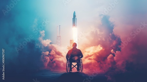 a man in a wheelchair looks at a rocket taking off into space,concept for technology or science design element on white background.AI.Network connection photo