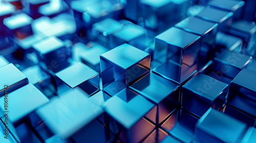 A close-up view of numerous metallic blue cubes, neatly organized in a grid pattern with reflective surfaces. photo