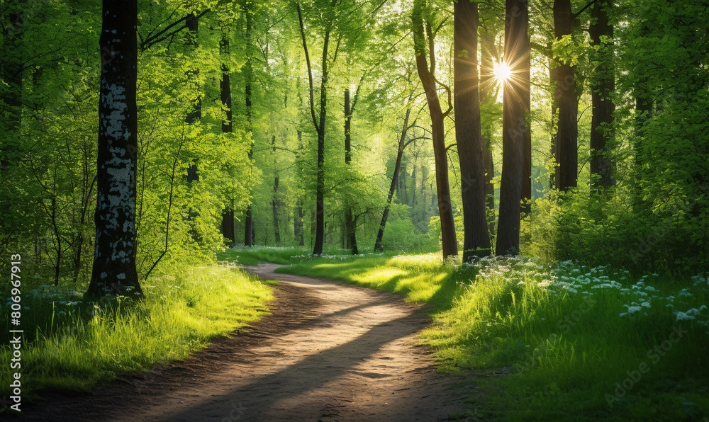 Obraz premium A winding forest path through a sunny green forest illuminated by the sun's rays.
