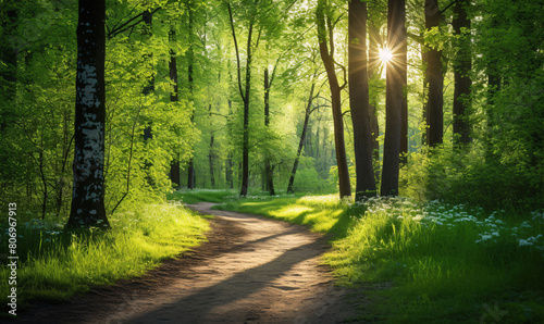 A winding forest path through a sunny green forest illuminated by the sun's rays. © trompinex
