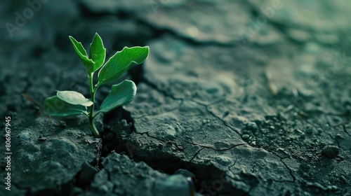 Green plant growing out of cracks in the earth photo