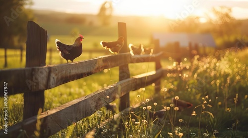 serene countryside landscape with chickens perched on wooden fence at golden hour idyllic farm scene photo
