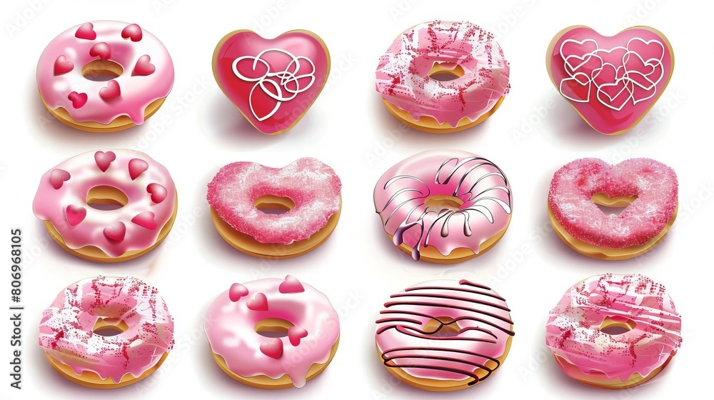 set of heartshaped pink donuts isolated on white background digital illustration set of heartshaped pink donuts isolated on white background digital illustration