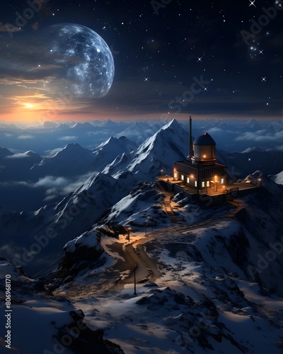 Fantasy alien planet. Mountain and sky. 3D illustration.