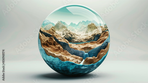 Artistic representation of a transparent sphere encapsulating layers of earth and water in a serene enviroment.