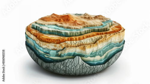 Artistic illustration of a geological cross-section in the form of a bowl, showcasing multiple earth strata layers. photo