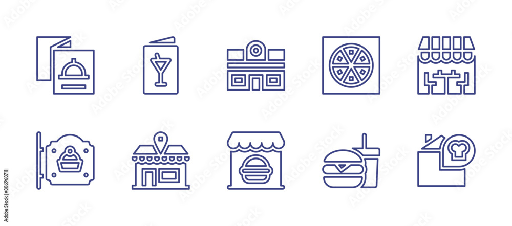Restaurant line icon set. Editable stroke. Vector illustration. Containing fast food, restaurant, signboard, menu, cocktail, pizza.