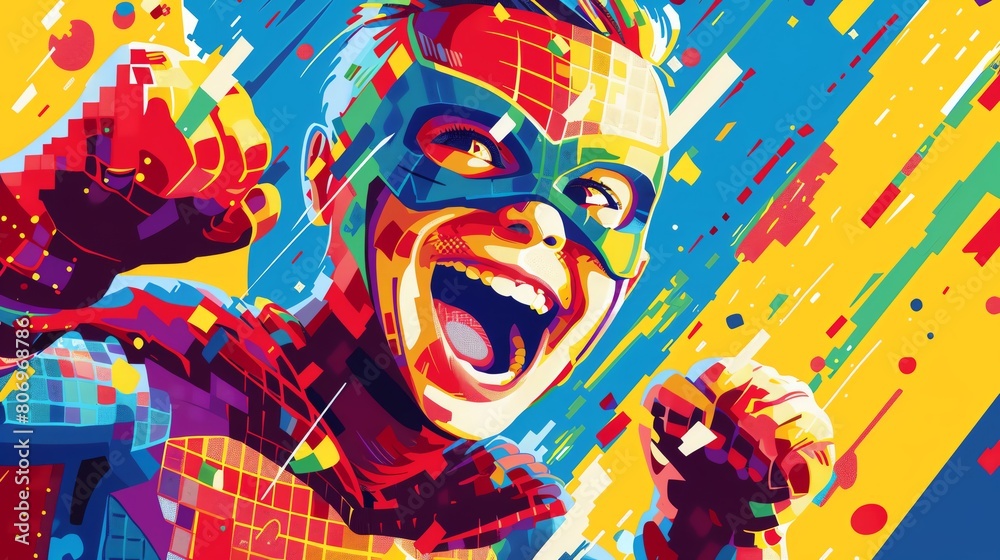 Illustrate the exuberance of childhood with a close-up of a kids laughter while donning a colorful superhero suit in a dynamic pixel art style