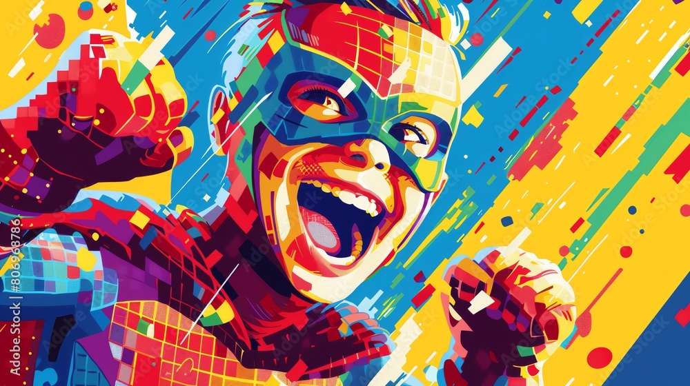 Illustrate the exuberance of childhood with a close-up of a kids laughter while donning a colorful superhero suit in a dynamic pixel art style Illustrate the exuberance of childhood with a close-up of a kids laughter while donning a colorful superhero suit in a dynamic pixel art style