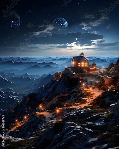 Night landscape with a house on the top of a mountain  3d illustration