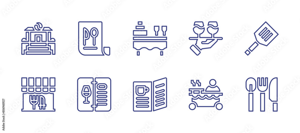 Restaurant line icon set. Editable stroke. Vector illustration. Containing restaurant, menu, waitress, wine menu, coffee shop, cutlery, catering, spatula, food stall.