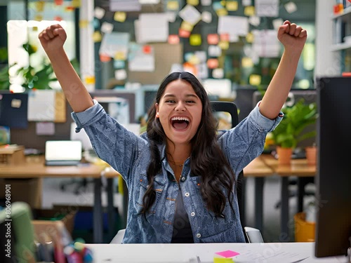 woman in an office celebrating with her arms up, excited expression photo