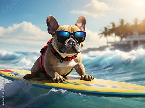 French bulldog surfing on a surfboard wearing sunglasses at the ocean shore © Natasa