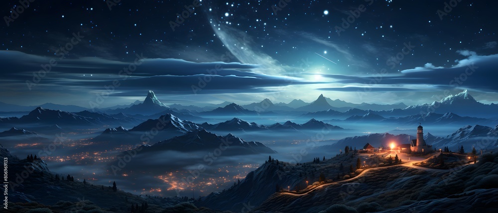 Fantasy landscape with mountains and lighthouse at night. Panoramic view