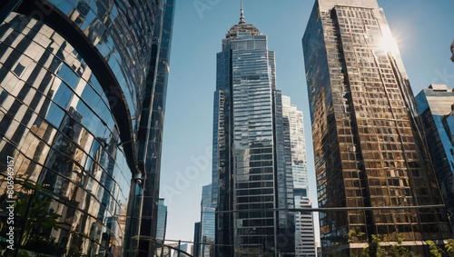 Dive into the urban jungle, a striking view of reflective skyscrapers and business office buildings, captured from a low angle on a sunny day, creating a dynamic cityscape.
