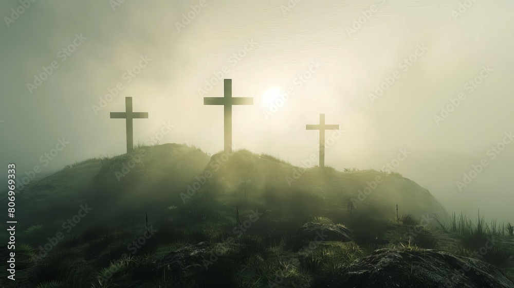 three crosses on hill in misty landscape spiritual christian symbol