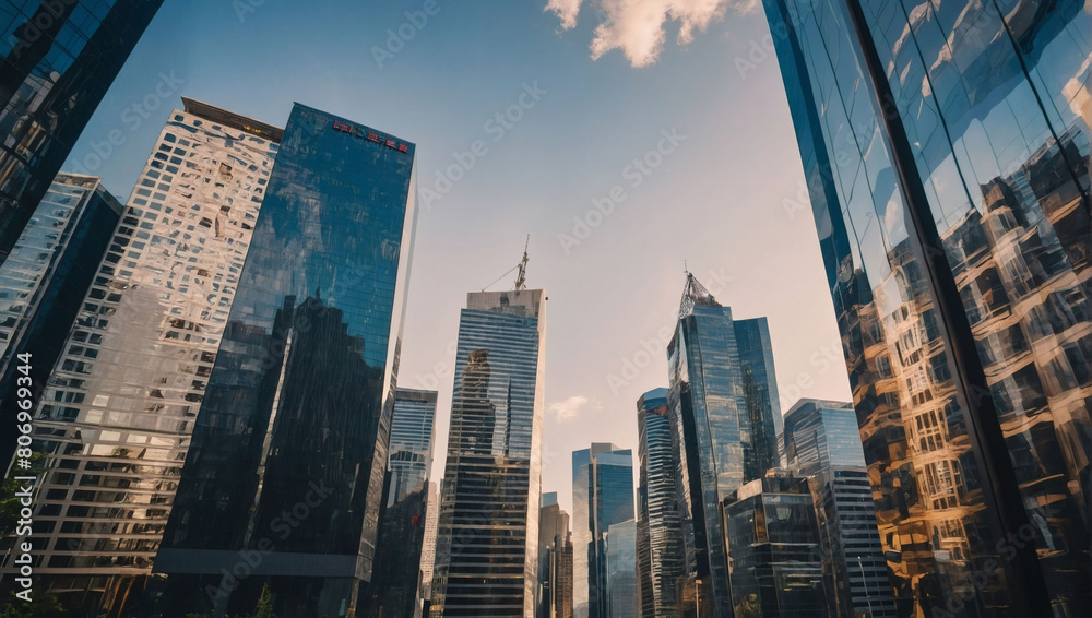 Dive into the urban skyline, a low-angle view of reflective skyscrapers and business office buildings on a sunny day, capturing the essence of bustling city life.