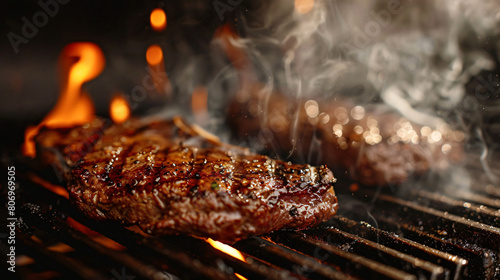 grilled meat on the grill, fire, flame, heat, burning, bonfire, wood, campfire, coal, grill, hot, burn, barbecue, red, orange, firewood, black, fireplace, food, light, meat